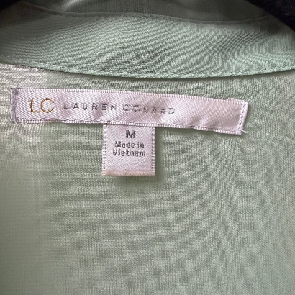 LC Lauren Conrad Sage Green Pearl Embellished Sheer Chiffon Blouse Womens Medium - Picture 3 of 11